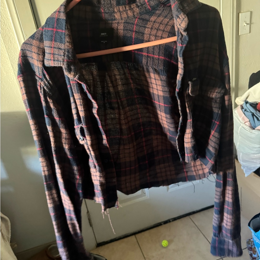 Obey Navy and Brown Cropped Plaid Shirt